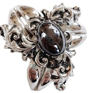VTG 80s Gothic Victorian Revival Silver Tone Brooch Hematite Cabochon Scroll